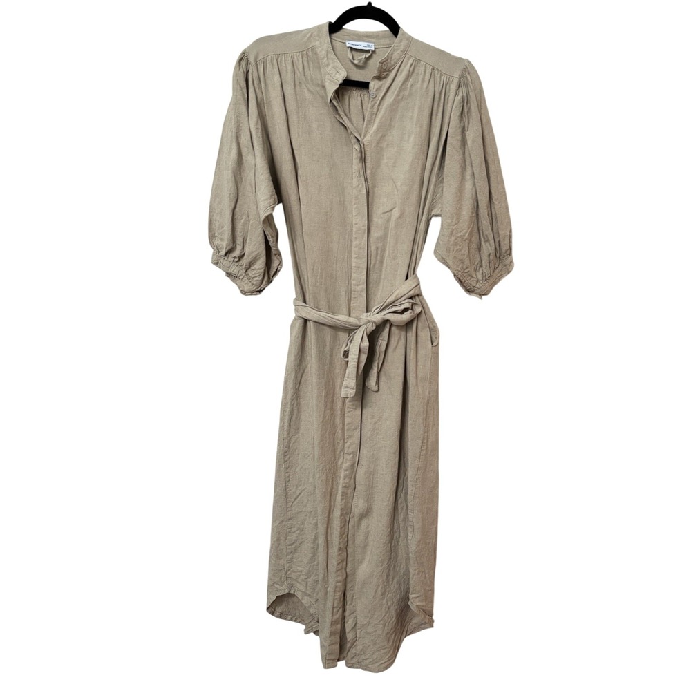 Blue Navy Italy Linen Blend Puff Sleeve Belted Shirt Dress Tan Beige Small
